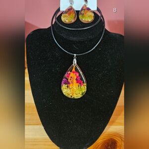 Orange and Purple Floral Necklace with Teardrop Pendant